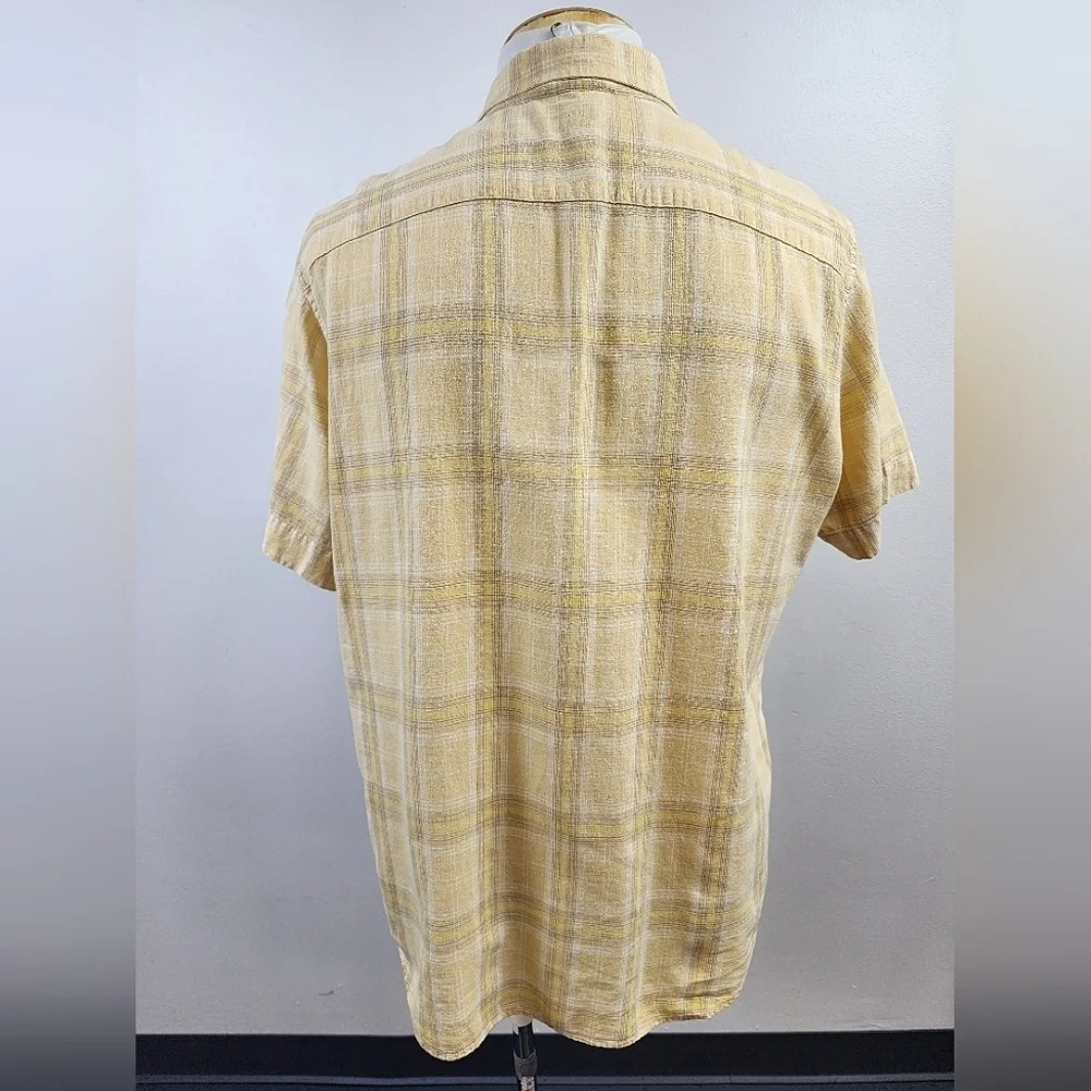 Banana Republic Button Down Shirt Yellow Plaid Short Sleeve Linen Size 16-16.5